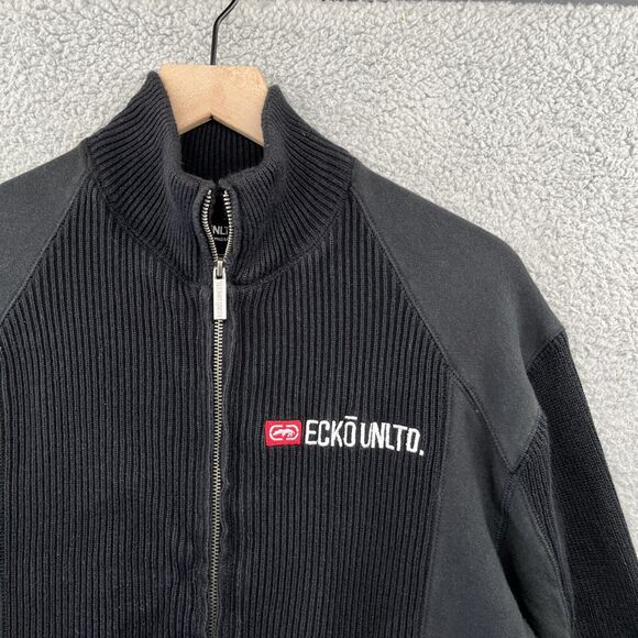 Vintage Ecko Unltd Jacket 2XL Zip Ribbed Mock Neck Black Biker Street XXL Y2K - Picture 2 of 15